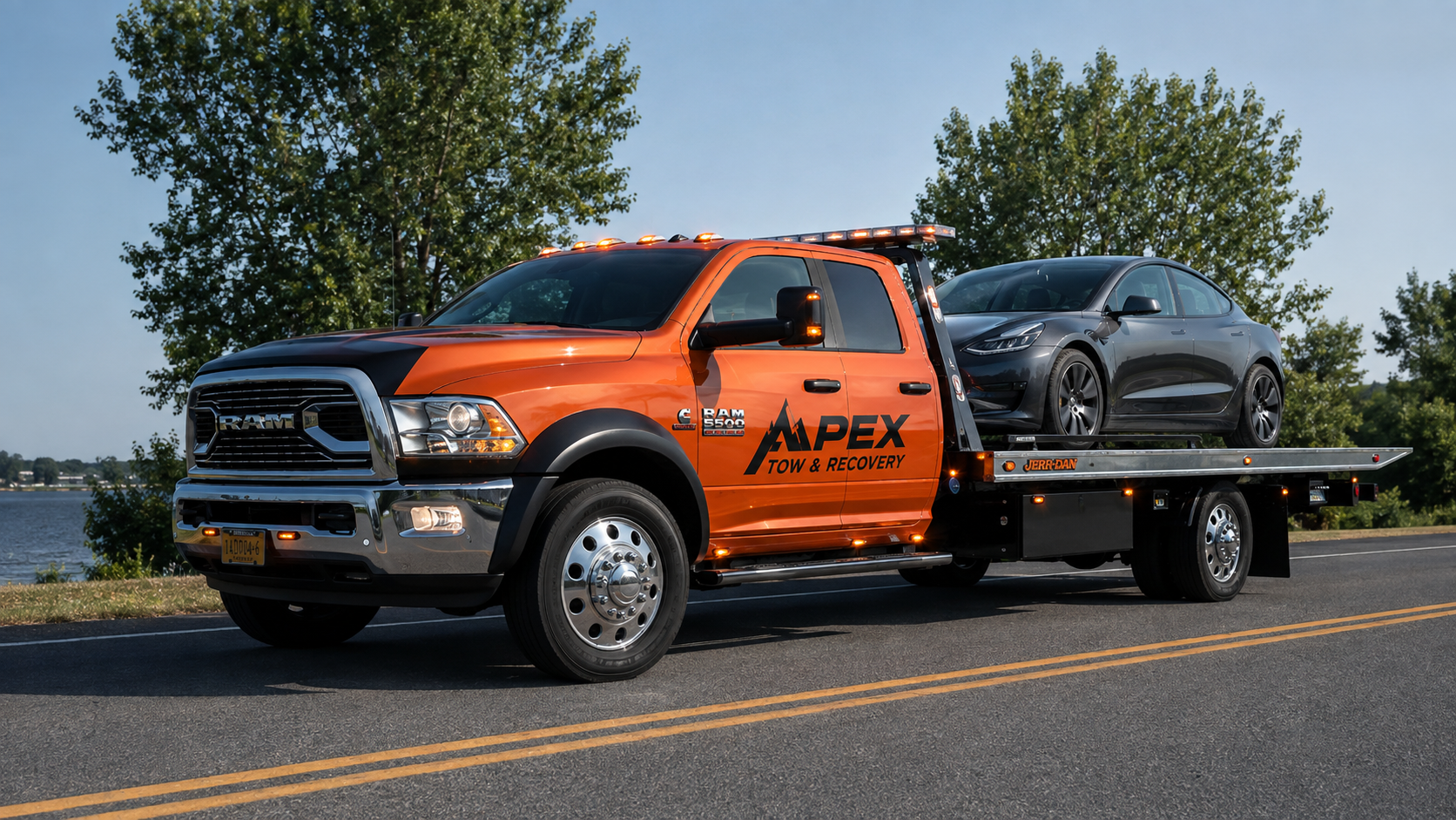 Orange flatbed tow truck carrying a sedan