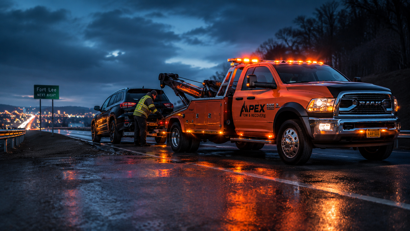 Apex tow operator responding to a stranded SUV at night